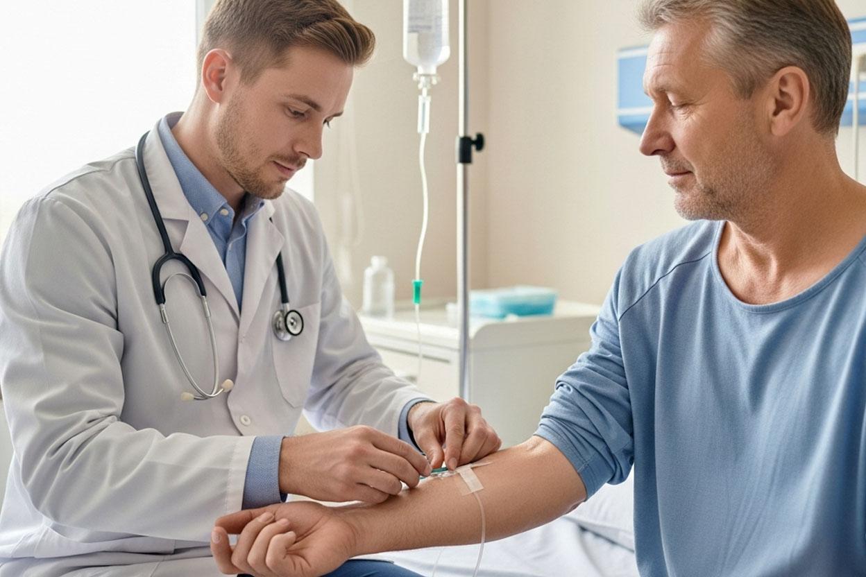 Врач ставит капельницу пациенту
